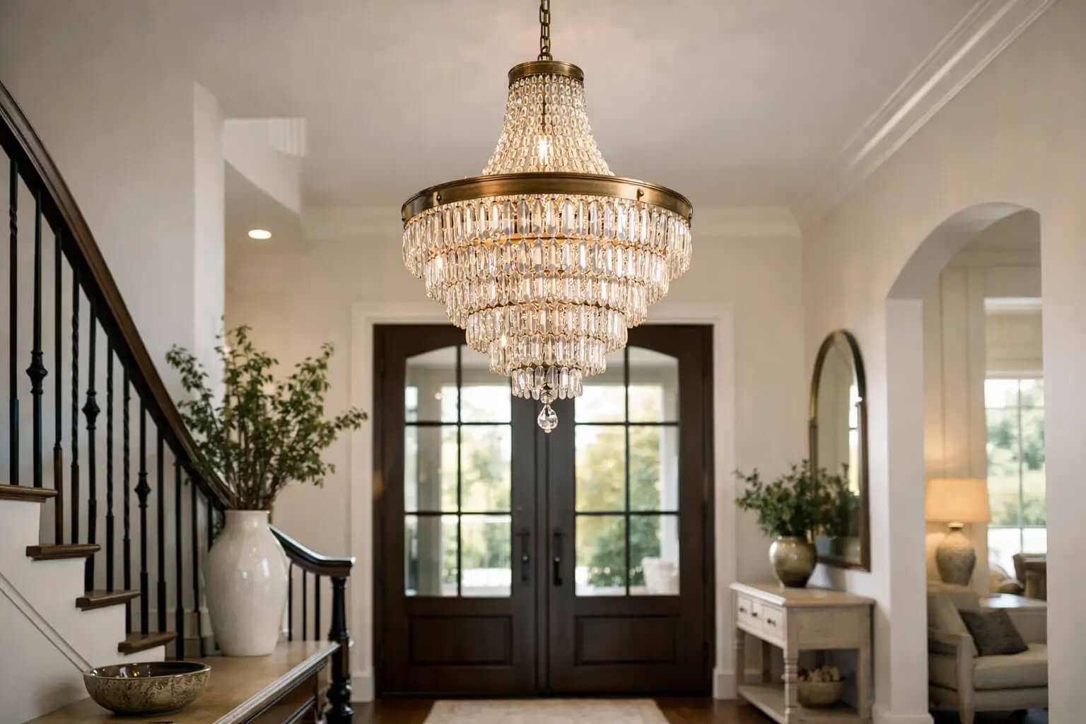 Tiered crystal chandelier in a grand two-story foyer, front door visible