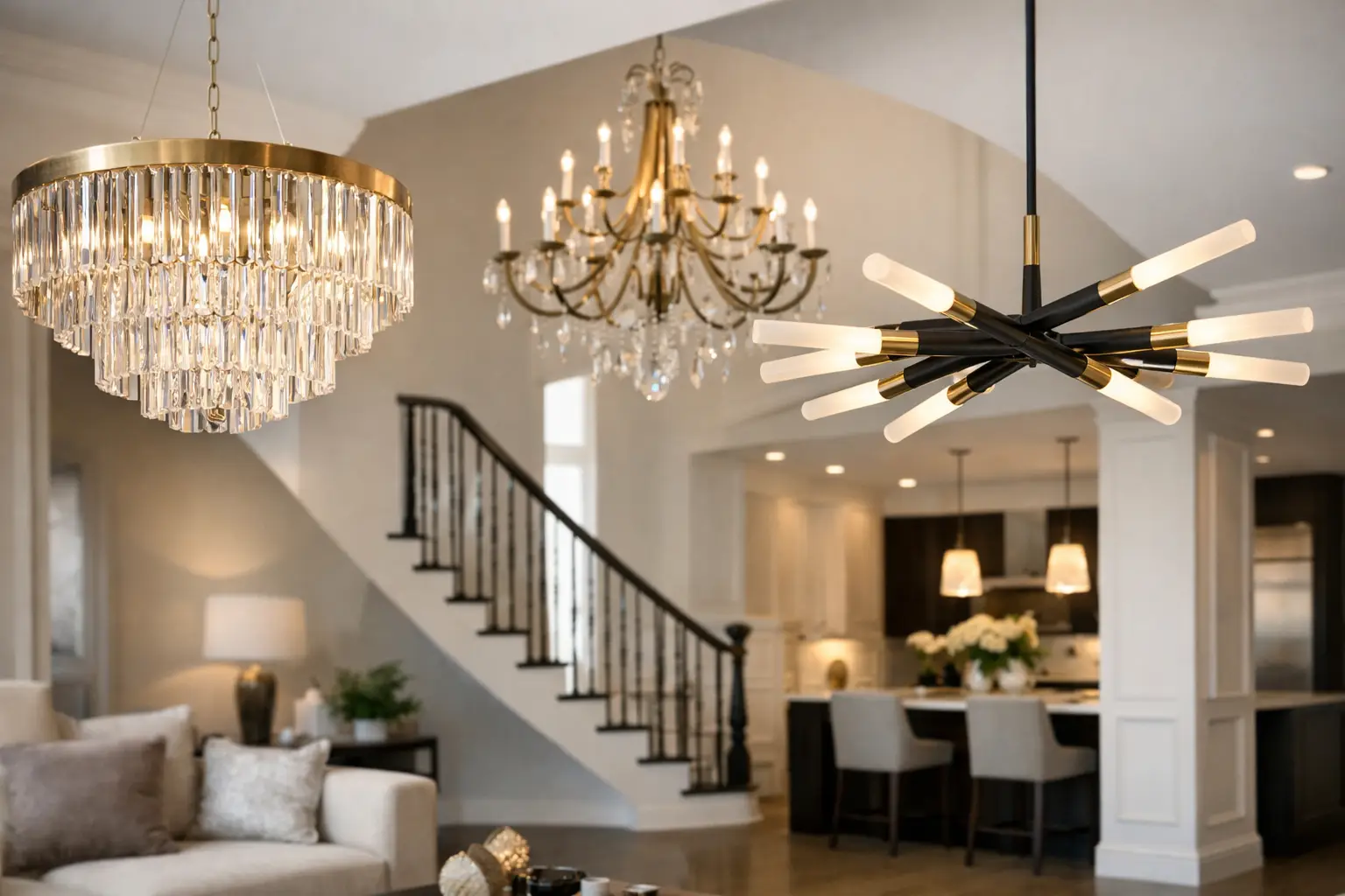 A crystal chandelier hanging over a dining table