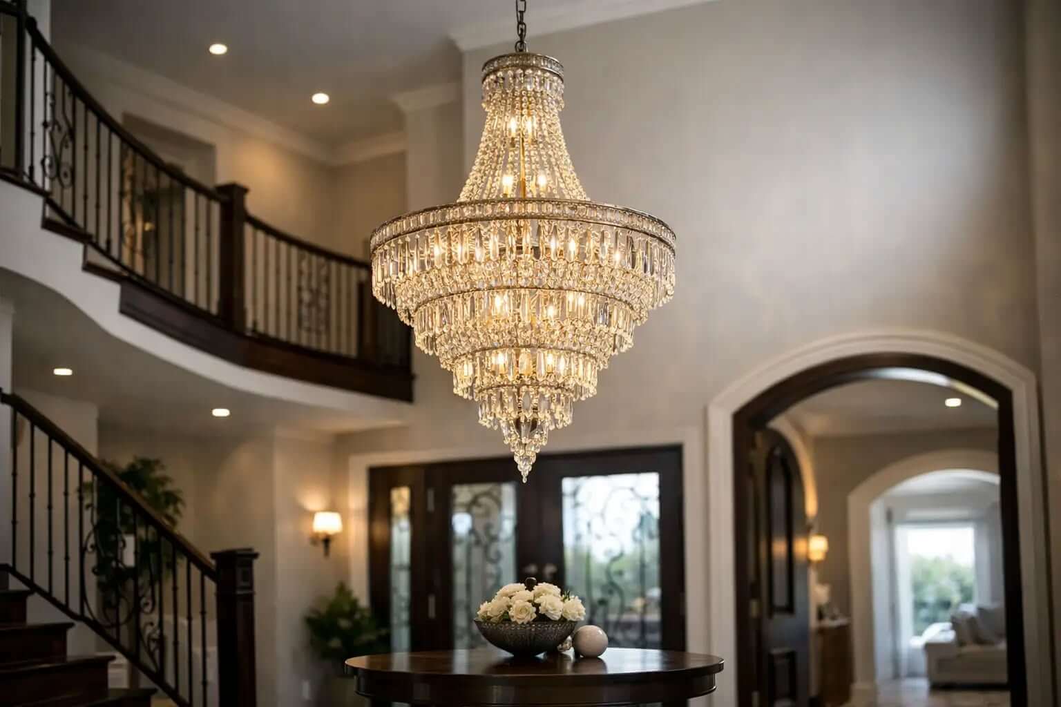 Tiered crystal chandelier in a grand two-story foyer