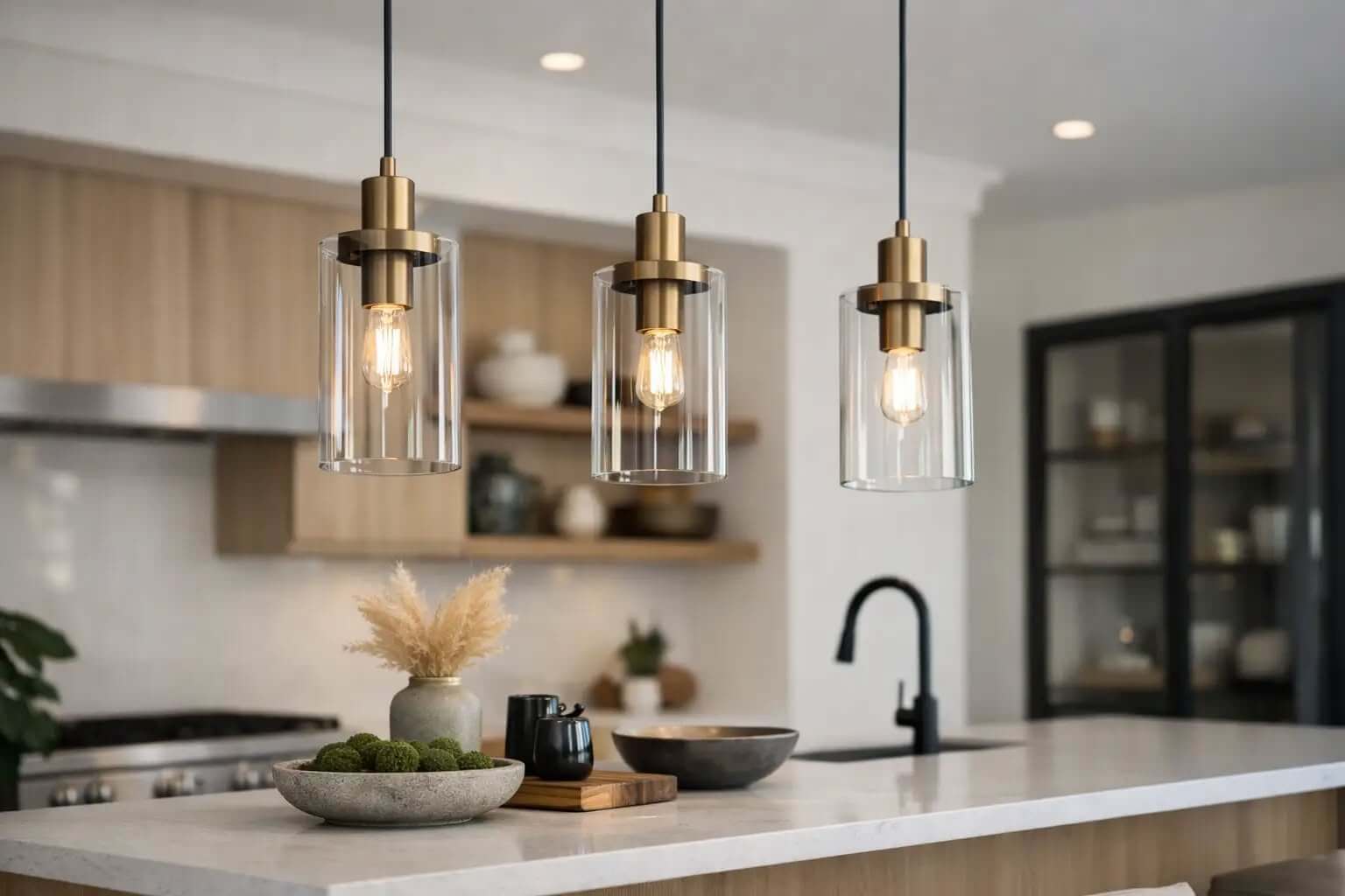 Clear glass cylinder pendants with brass fittings above a kitchen island