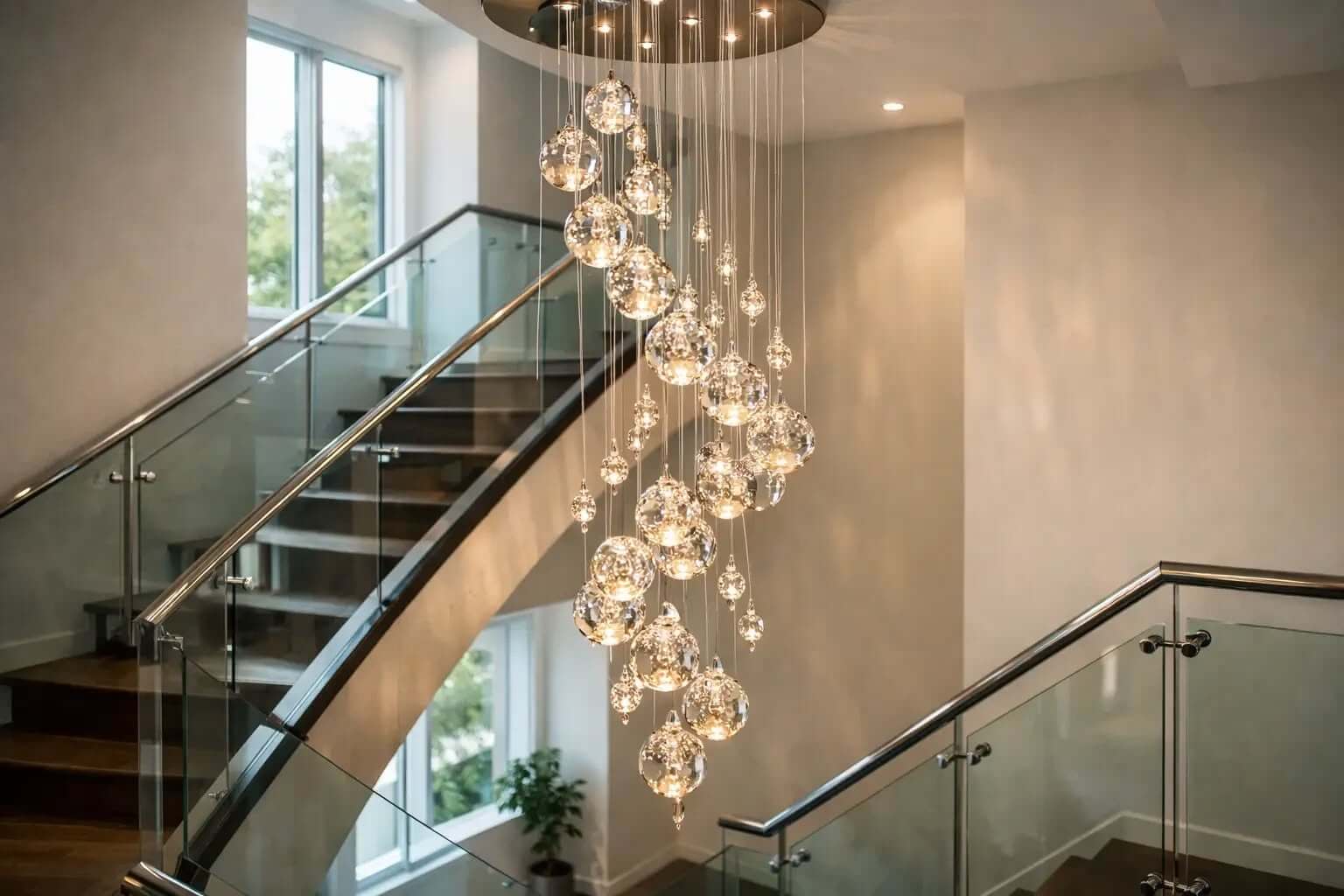 Graduated crystal spiral chandelier above a modern staircase