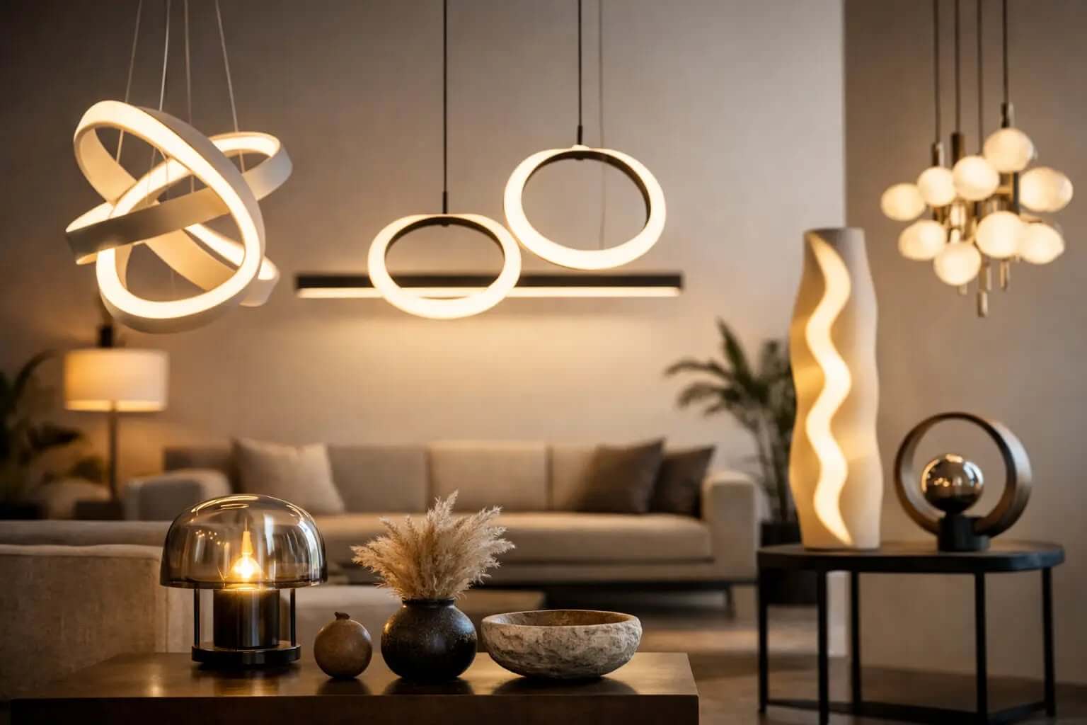 Fehmi Lights showroom display of pendants and table lamps