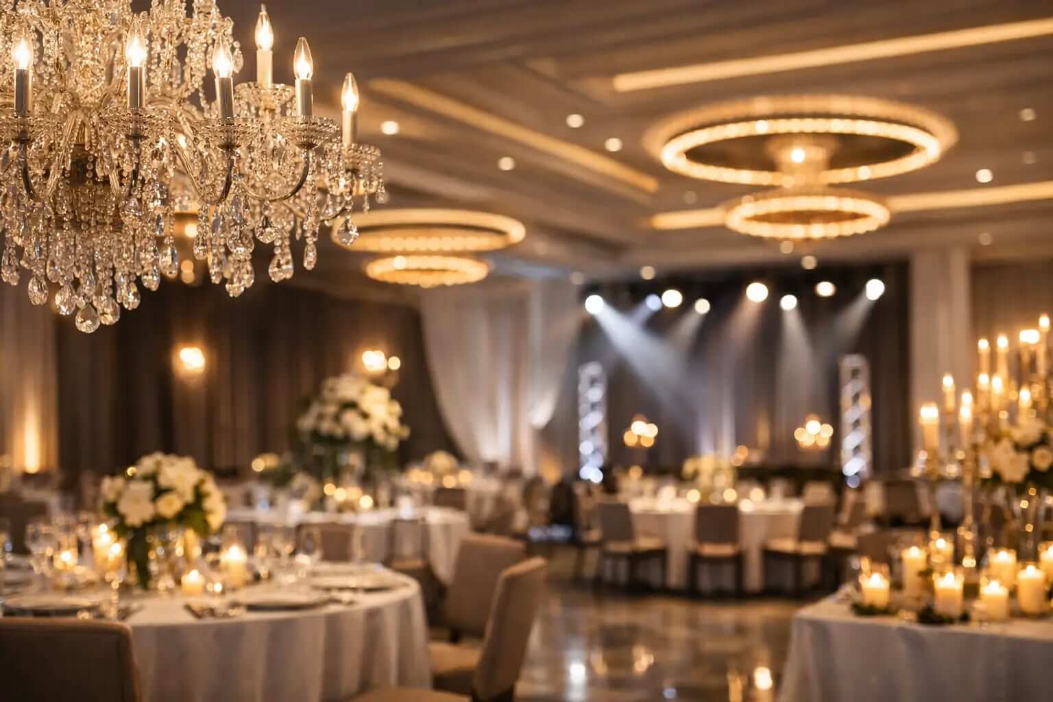 Traditional crystal chandelier in a hotel banquet ballroom