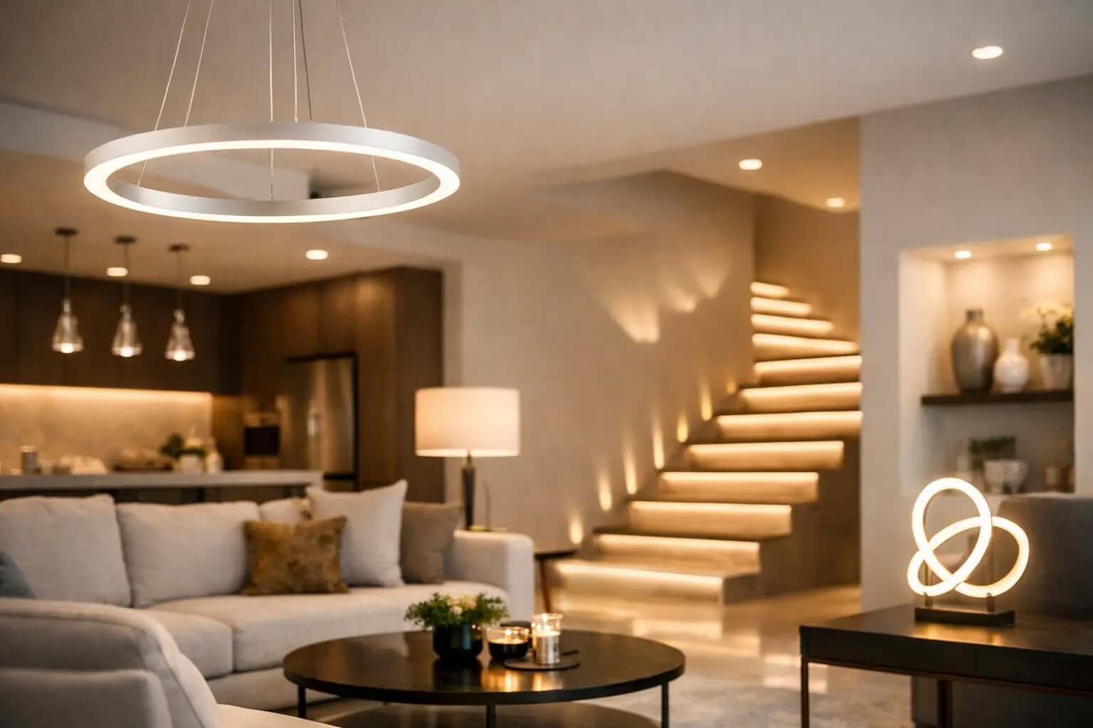 Modern LED ring pendant and sculptural table lamp in a living room